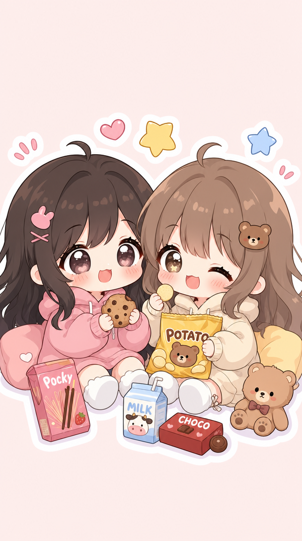 Chibi Friends Sharing Snacks