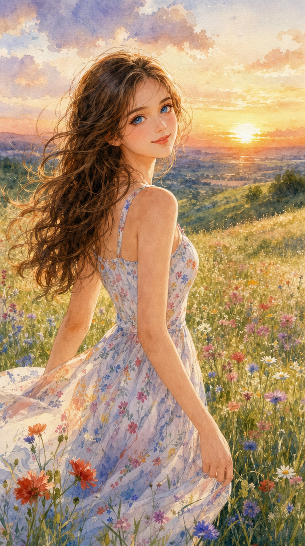 Watercolor Wildflower Sunset Girl