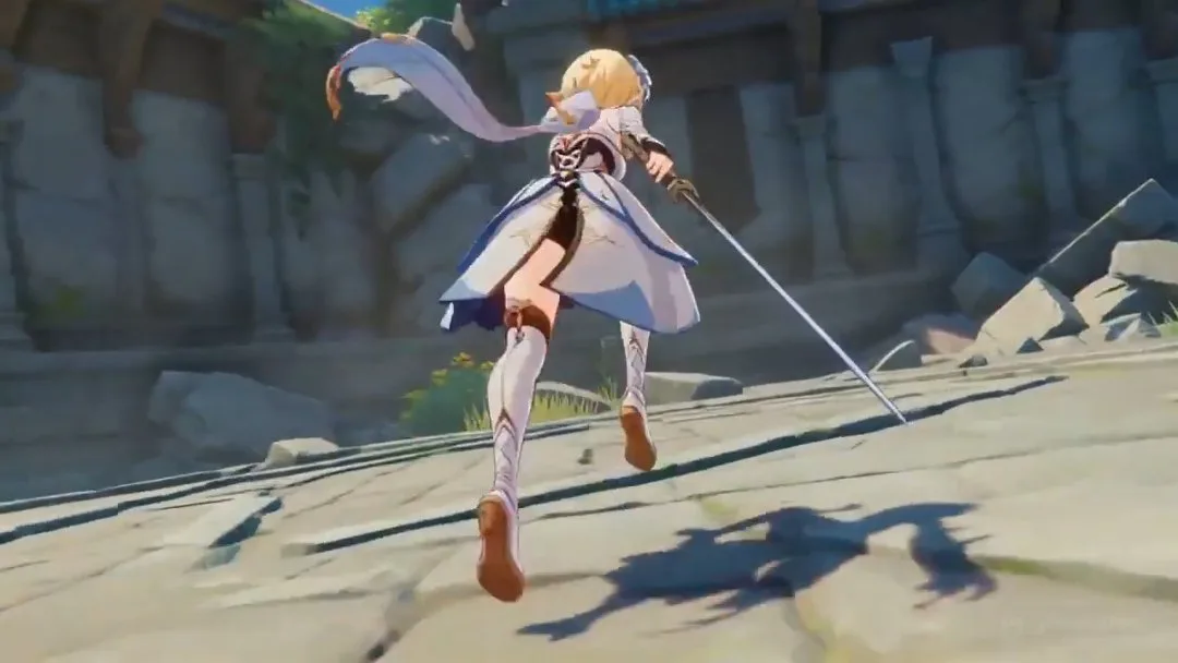 Anime scene of Lumine from Genshin Impact dashing across a shattered temple cour